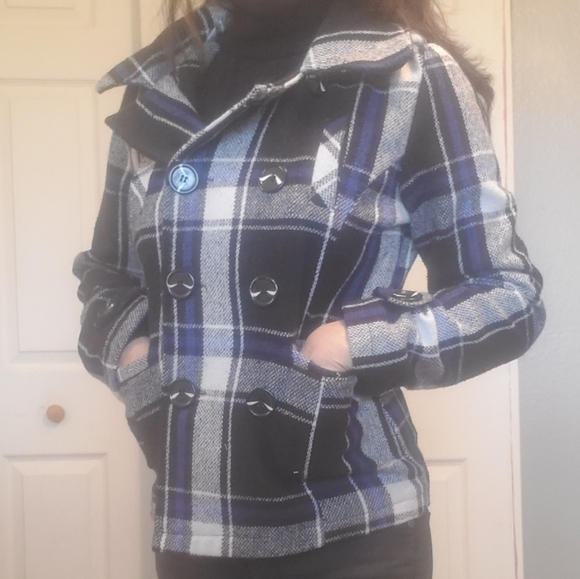 Retro 70's Pea Coat Coat Plaid Blue/Black Pockets Hood Wool Blend - Picture 8 of 11